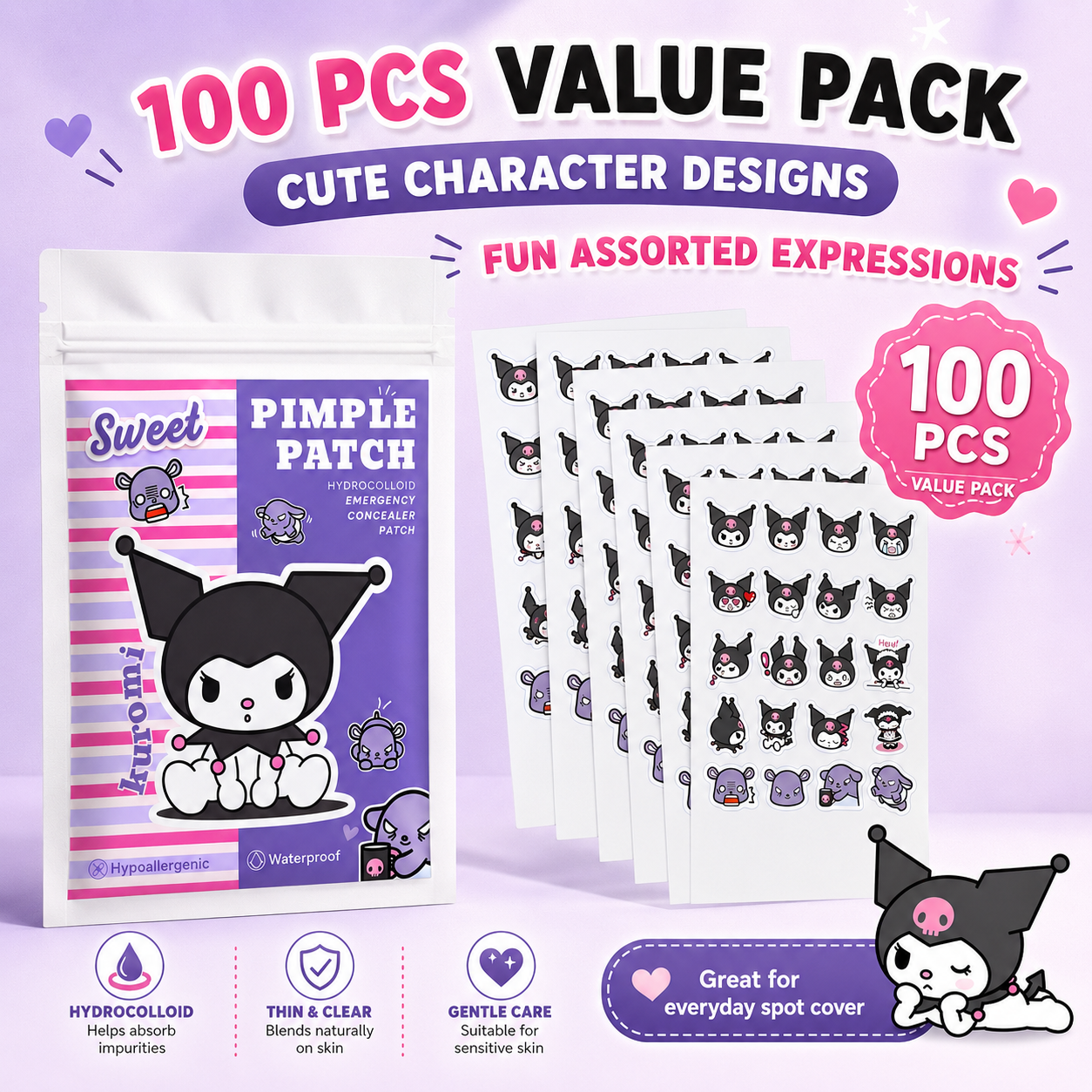 Hydrocolloid Acne Patch - Hello Kitty Cute Pimple Patches, 100pcs