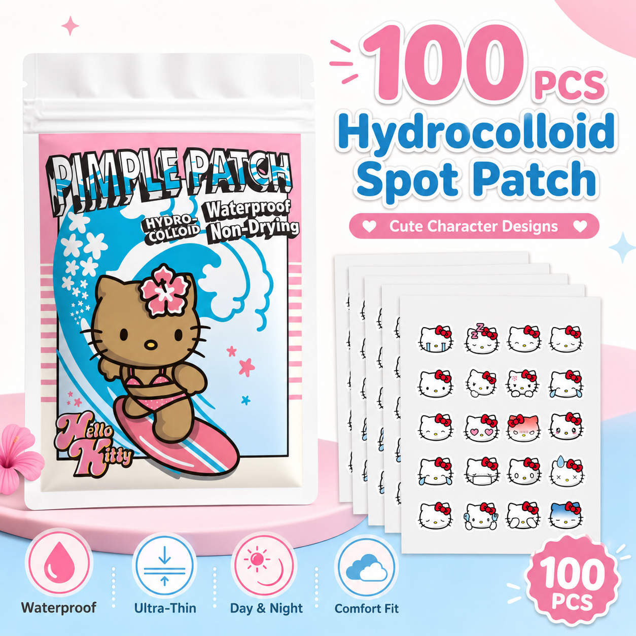 Hydrocolloid Acne Patch - 100PCS hello kitty Acne patches, facial