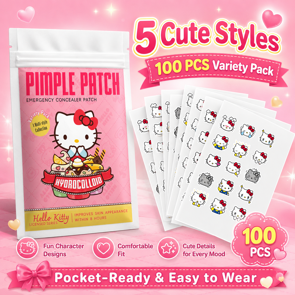 Hydrocolloid Acne Patch - 100PCS hello kitty Acne patches, facial